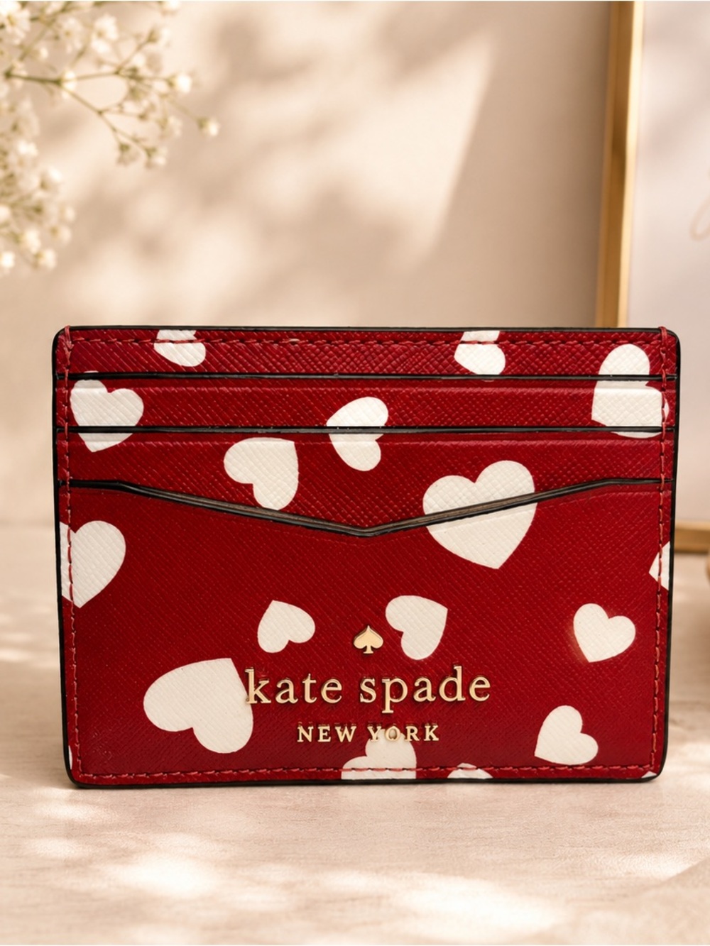 Kate Spade Heart Valentines Day Cardholder Small Wallet Red Hearts White NEW